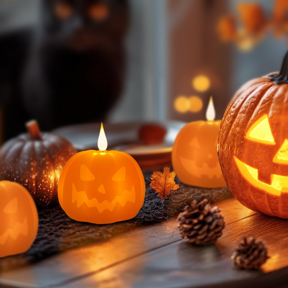 LEDHOLYT Rechargeable Halloween Decorations Flameless Candle, Flameless Pumpkin Candle with Timer & Remote,LED Real Wax Pumpkin LED Candles,Halloween Decorations, 1 Set of 2