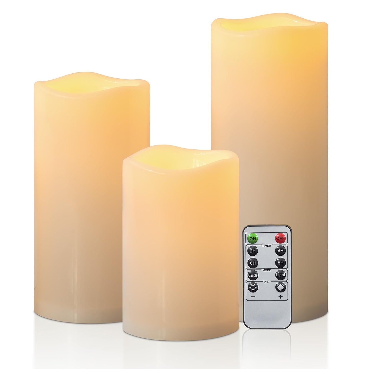 Yongmao 6" 8" 10" x 4" Waterproof Outdoor Flameless Candles Battery Operated LED Flickering Pillar Candles with Remote and Timer for Indoor Outdoor Lanterns, Long Lasting, Ivory White Large, Set of 3