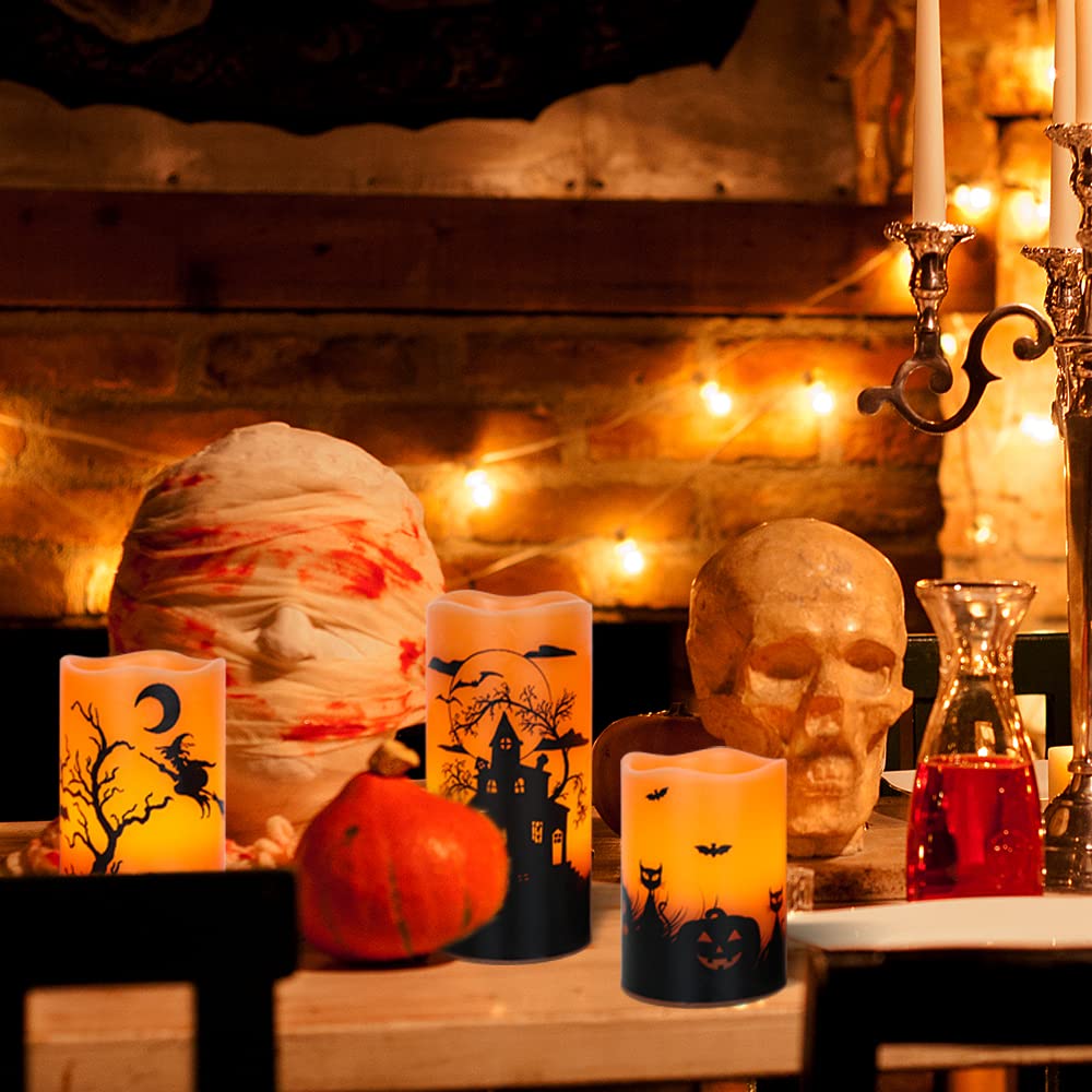 Lasumora Halloween Flameless Candles with 6-Hour Timer, Battery Operated Orange LED Pillar Candles Flickering Real Wax, Witch, Bats, Castle Decals Set of 3 for Halloween Decorations, D3”x H4” 5” 6”