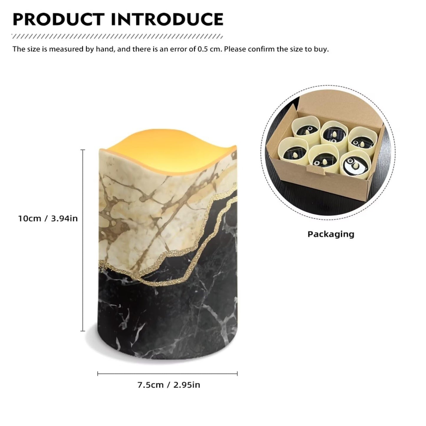 HUISEFOR Black Marble Flickering Flameless Candles Set of 6 Outdoor Solar Candles Rechargeable Solar Emergency Night Lights with Dusk to Dawn Light Sensor Modern Home Decorations