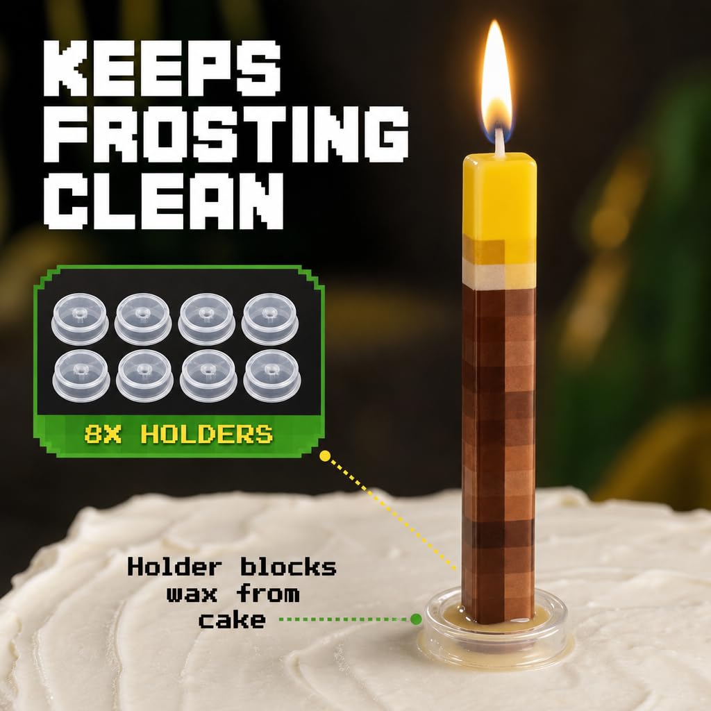 Camtoms Birthday Candles (8 Pack) - Large 3-Inch Cake Toppers - Birthday Cake Decorations for Boys - Novelty Gaming Themed Pixel Torch Candle Set for Level Up Celebration