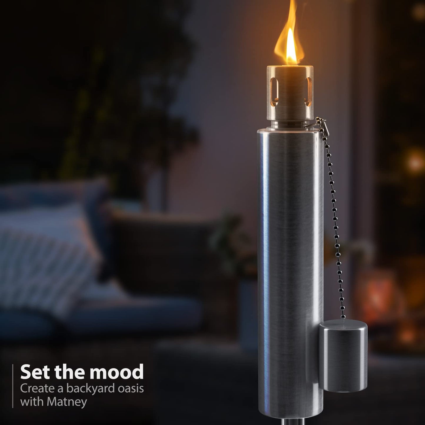 Matney Stainless Steel Outdoor Torches - 5 ft Oil Lamp Set of 4 - Fiberglass Wick & Snuffer Cap - Decorative Garden Lights