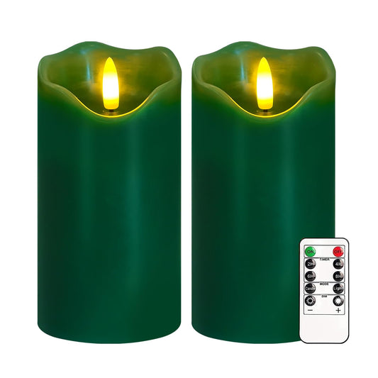 VEEKI Flameless Candles Light, Set of 2 6"x3" Flickering Christmas Flameless Candles with Remote & Timer, Dimmable Real Wax Pillar Candles Battery Operated, Green Candles for Home Xmas Decor (Green)