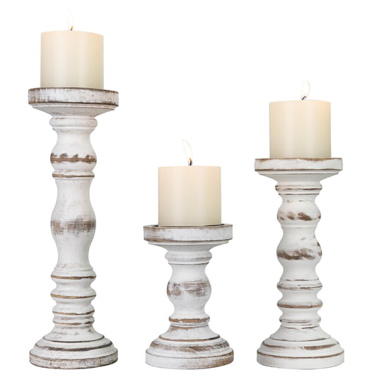 Candle Holder for Pillar Candle Set of 3, Farmhouse Wood Candle Holder, Rustic Wooden Candle Stand, Vintage Tall Candle Stand Decorative for Living Room, Table Centerpiece (Antique White)