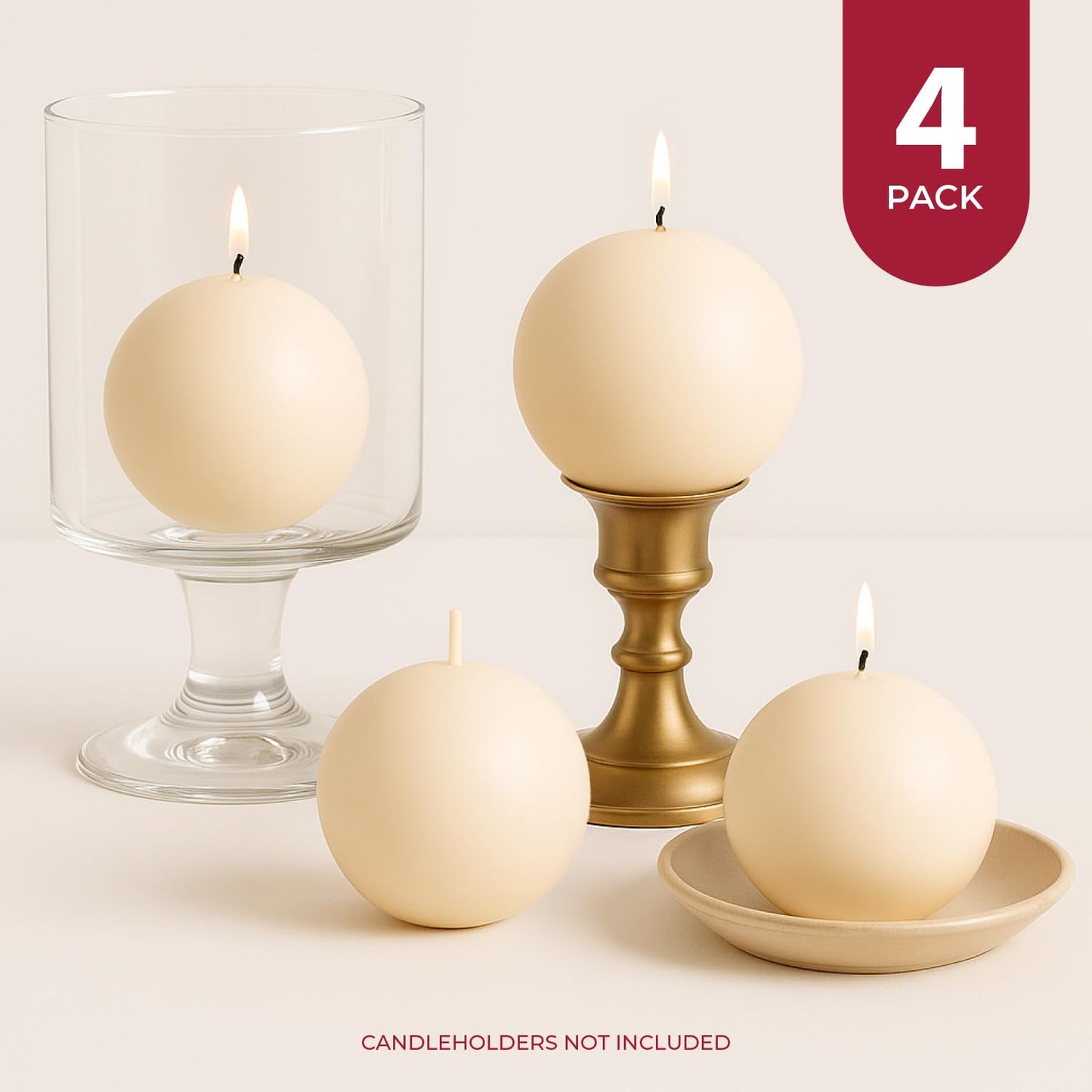 Biedermann & Sons Champagne Round Candles (Set of 4), Unscented Dripless Balls, 2.5" Spheres, 8 Hour Burn, for Centerpieces and Home Decor