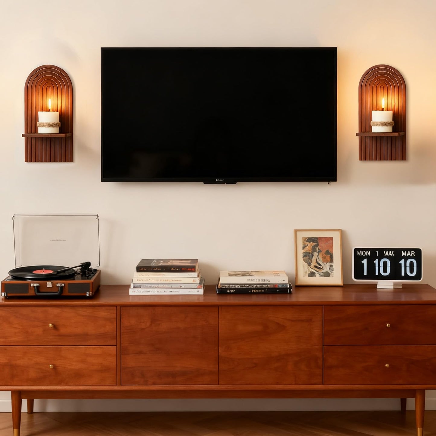 Walasis Mid Century Modern Candle Sconces: Set of 2 Walnut Boho Wall Candle Holder Decor for Living Room Fireplace - Arch Candle Shelf for Plants Pillars Candles