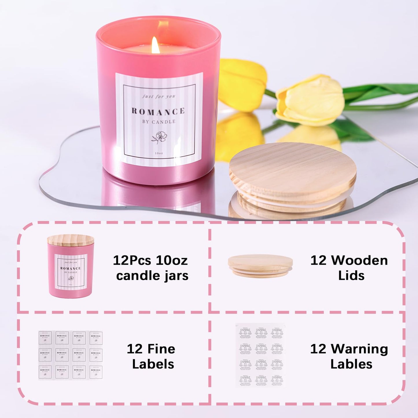 12Pcs Assorted Pink Candle Jars for Making Candles, 10oz Empty Candle Jars with Bamboo Lids and Labels, Glass Candle Jar for Candle Making Supplies, Candle Containers for DIY Gifts