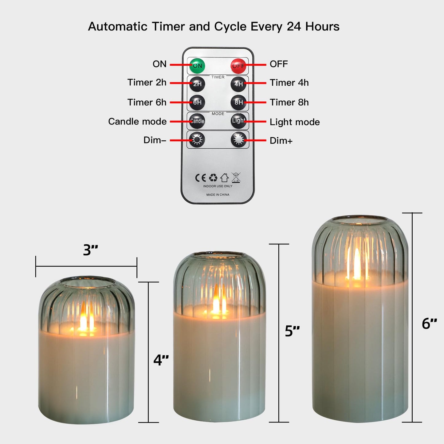 MUMCHASI Green Flameless Battery Operated Candles with Remote, Set of 5 Glass Jar LED Candles with Dancing Flame, Flickering Electric Candlelight for Home Wedding Party Decor H4”5”5”6" 6”