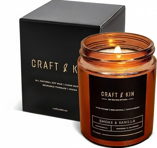 Craft & Kin Scented Candles for Men | Premium Smoke & Vanilla Candle for Home | All-Natural Scent | Long Lasting Winter Candles, 45-Hour Burn Time, 8oz