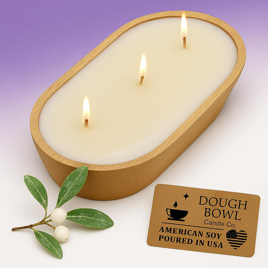 Dough Bowl Candle Co. Winterberry Soy Candle - 3 Wick Rustic Farmhouse Decor Odor Eliminator in Wooden Bowl, 20 Ounce, All-Natural Gift for Women and Men, Coffee Table Decor