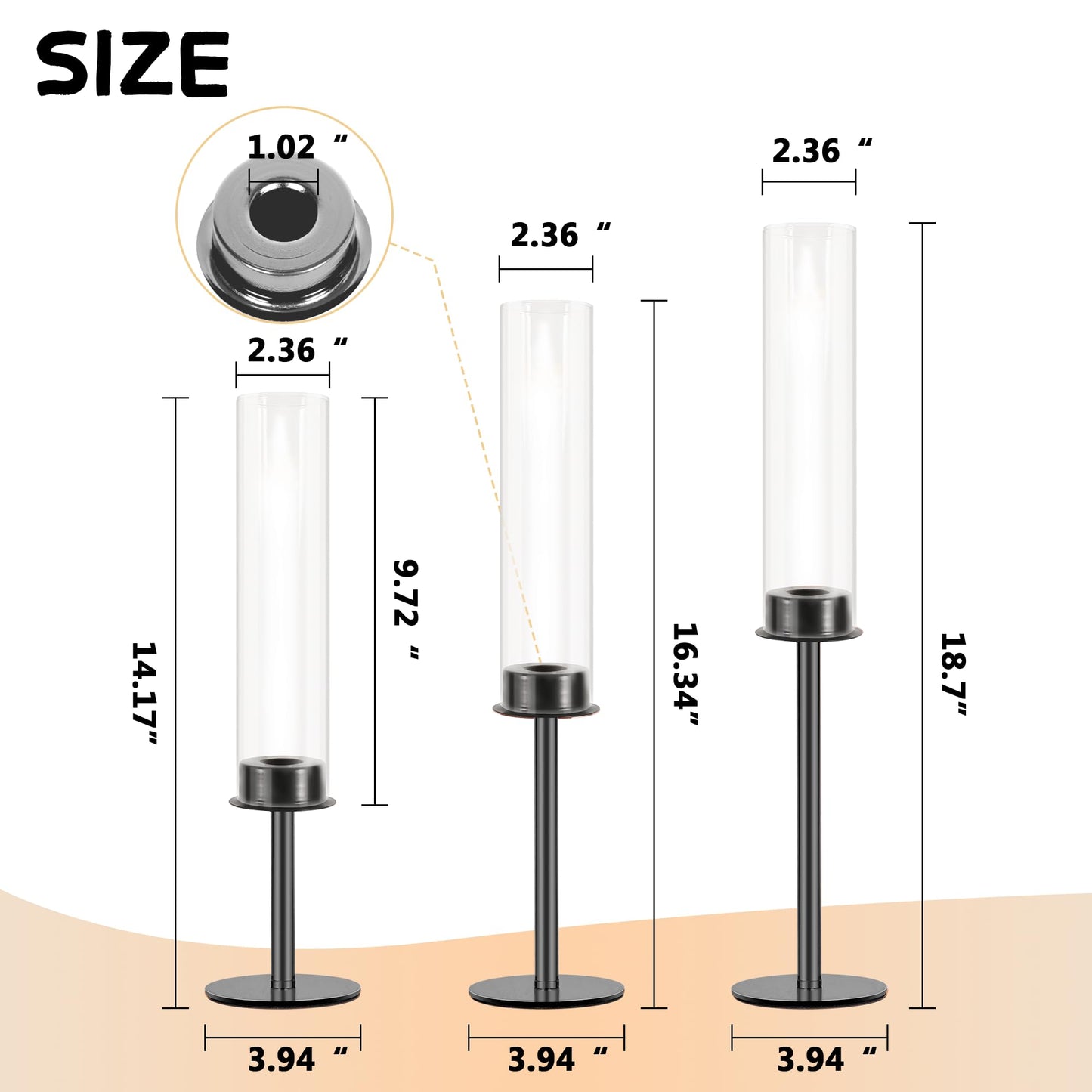 Ronasip Hurricane Candle Holders Set of 6 Metal Candlestick Holder for Glass Taper Tall Candle Holders with Crystal Chimney Tube Candles Stands for Home Decor, Christmas, Dinning (6, Black)