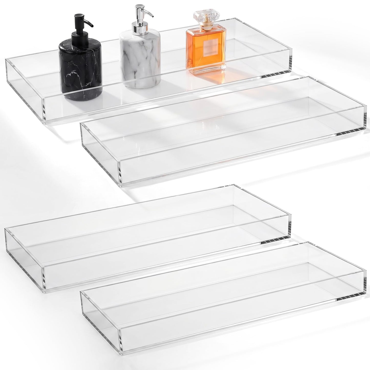 Kegeeei 4 Pack Acrylic Bathroom Trays, Clear Tray for Toilet Tank, Decorative Countertop Organizer for Perfume, Soap, Jewelry, Candle, Plant, 12 x 5.1 x 1.2 Inches