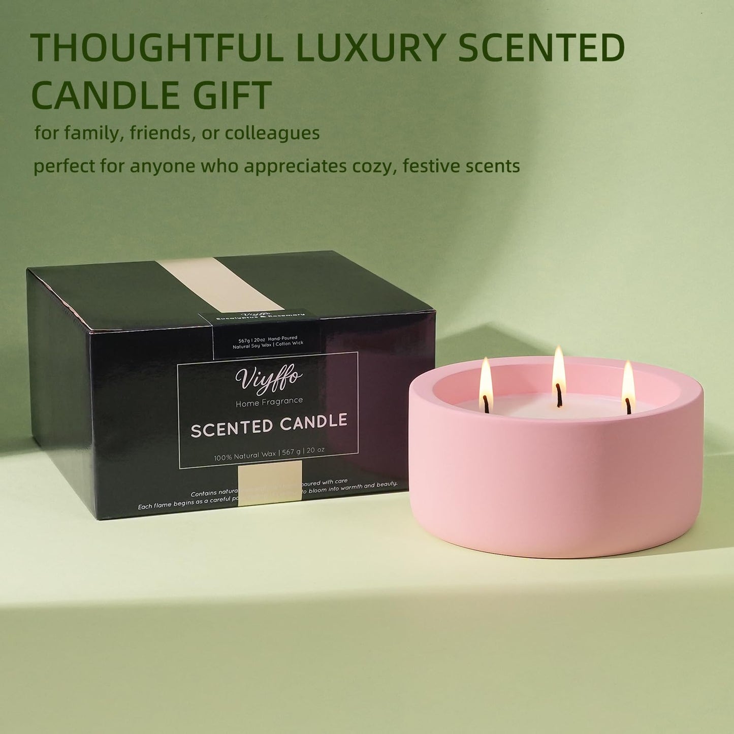 Viyffo 20oz Large Scented Candle - Rose & Jasmine, 3 Wick Pink Candles for Women Home Scented, Non Toxic Soy, Decorative Ceramic Jar Candle, Luxury Fragrance, Elegant Spring Décor & Birthday Gift