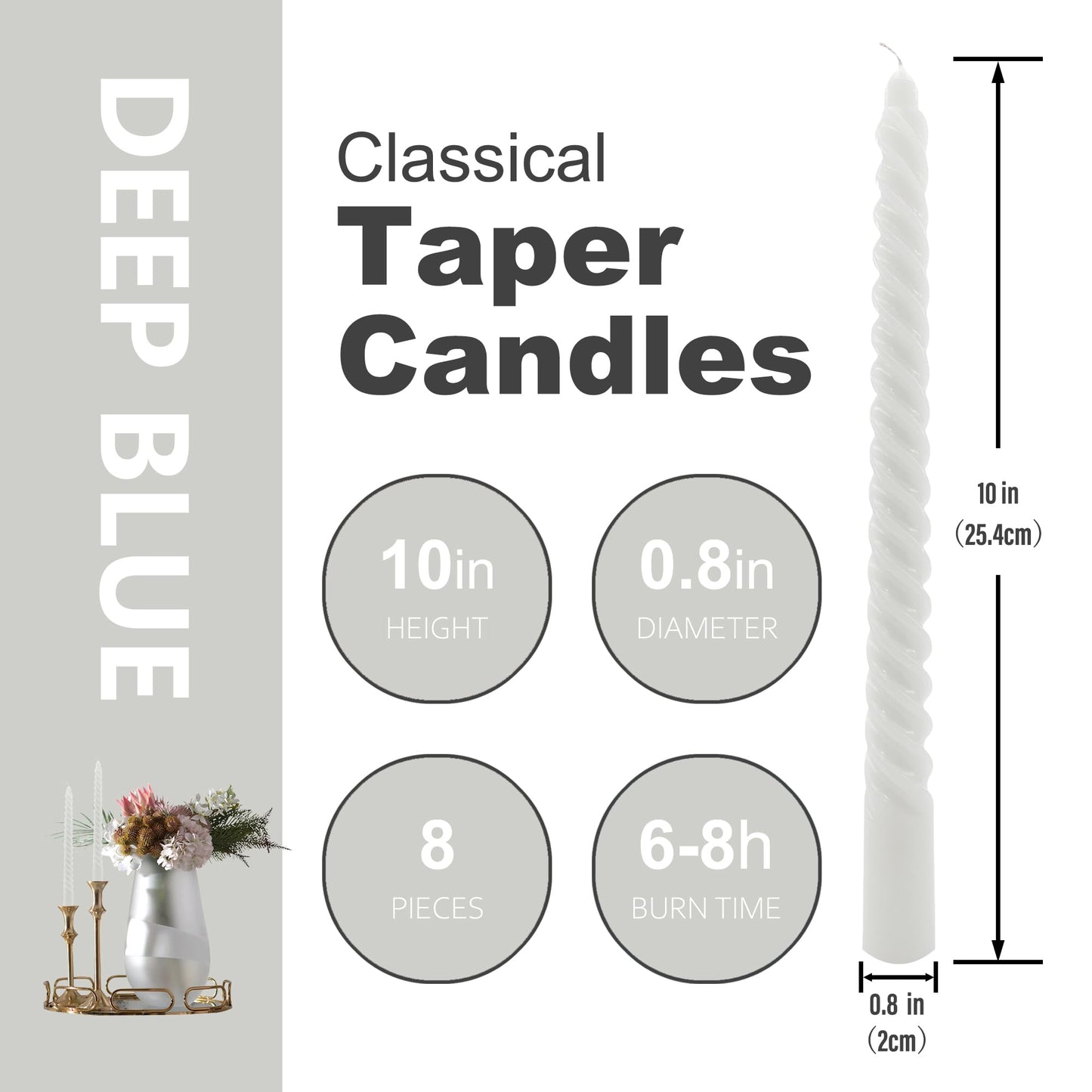8 Pack 10 Inch Smoke-Gray Spiral Taper Candles Long Burning Dripless Candles for Party Dinner Home Decor Wedding and Celebrations