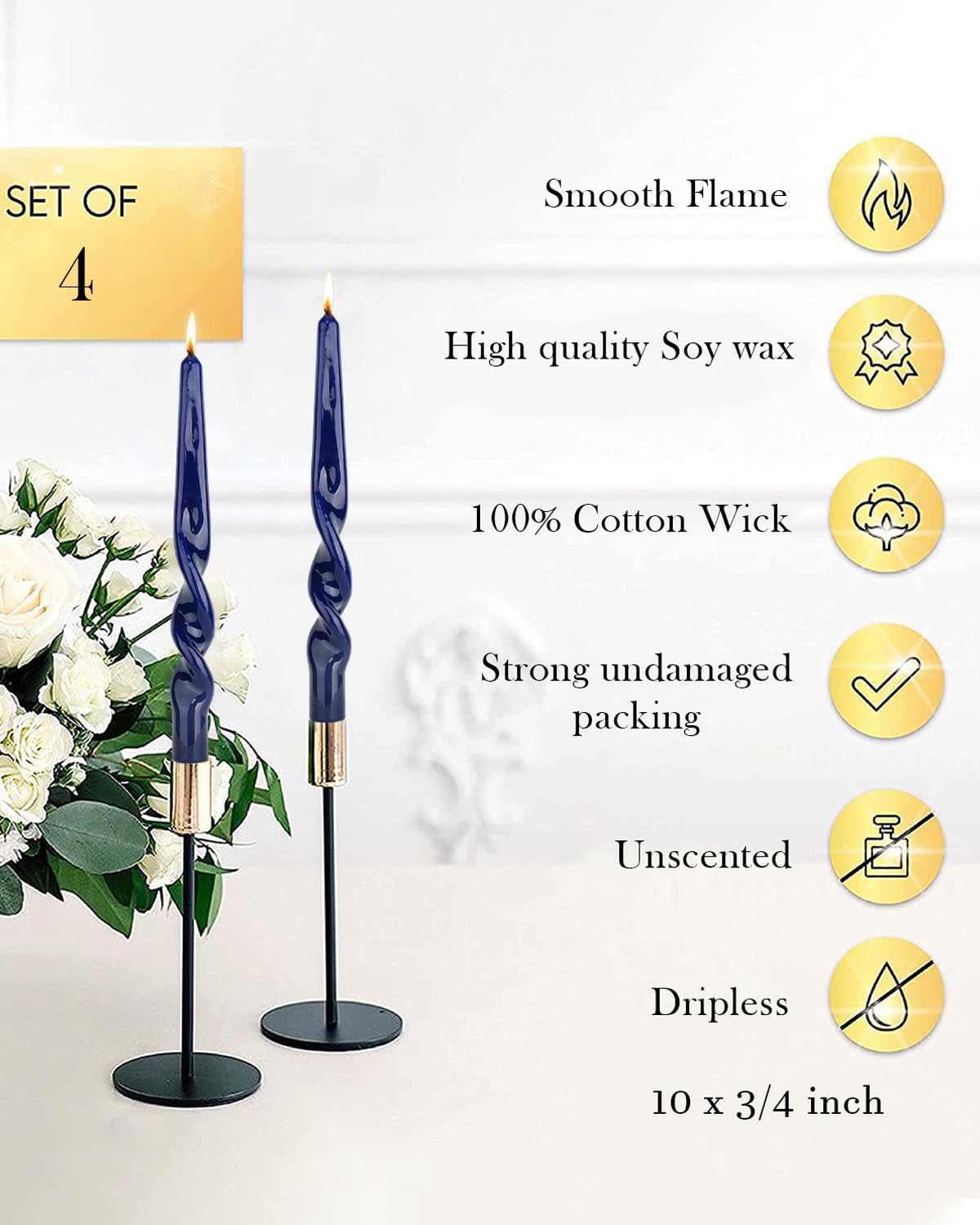 LPUSA Navy Spiral Taper Candles Twisted Candle Conical Stick Candles for Holiday Wedding Party Wax Unscented Dinner Candle Dripless,Christmas Gift10inch,4pcs(Navy-A)