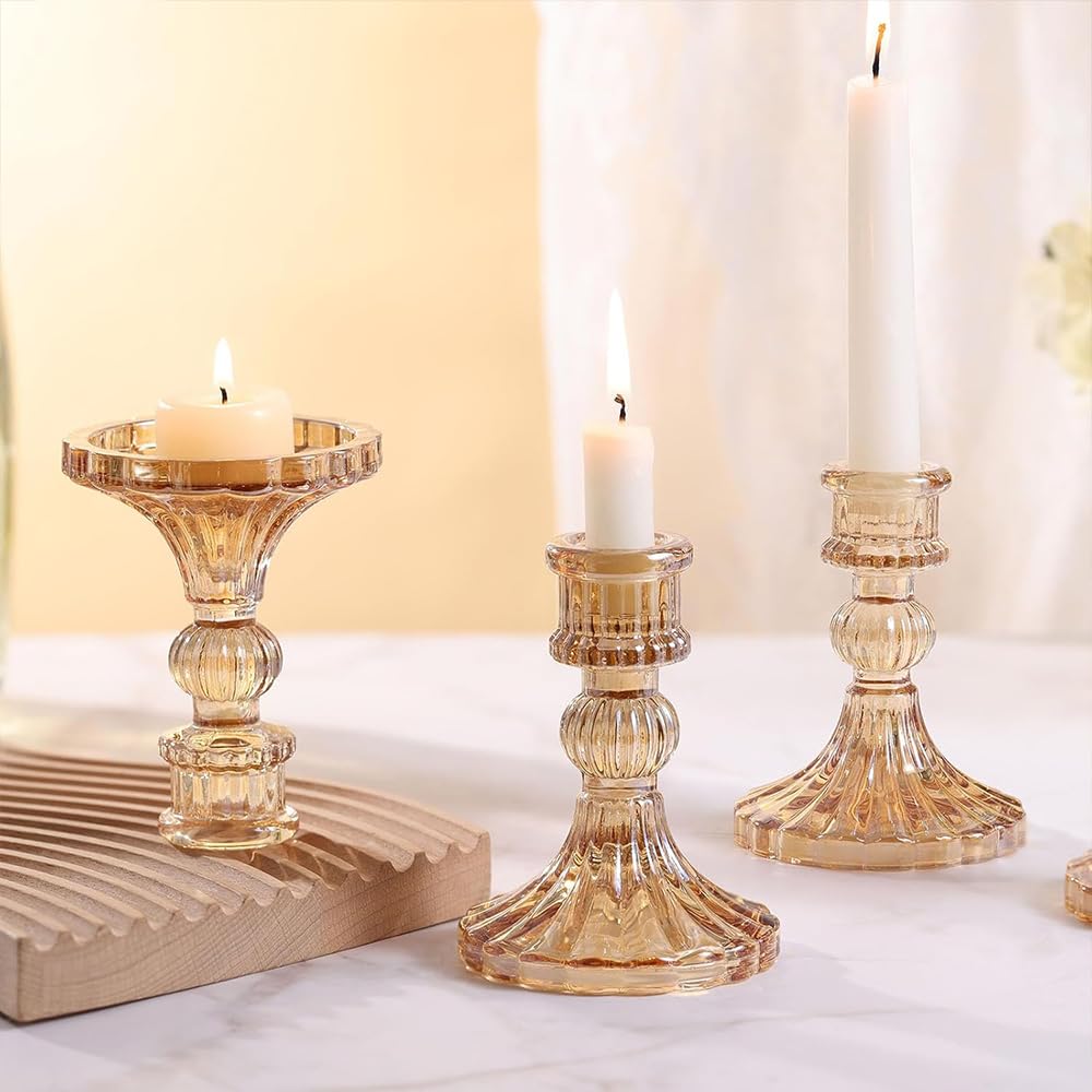 Glass Candlestick Holders Set of 6, Taper Candle Holder for Wedding Festival Christmas Party Valentine's Decor, Table Centerpieces (Amber)