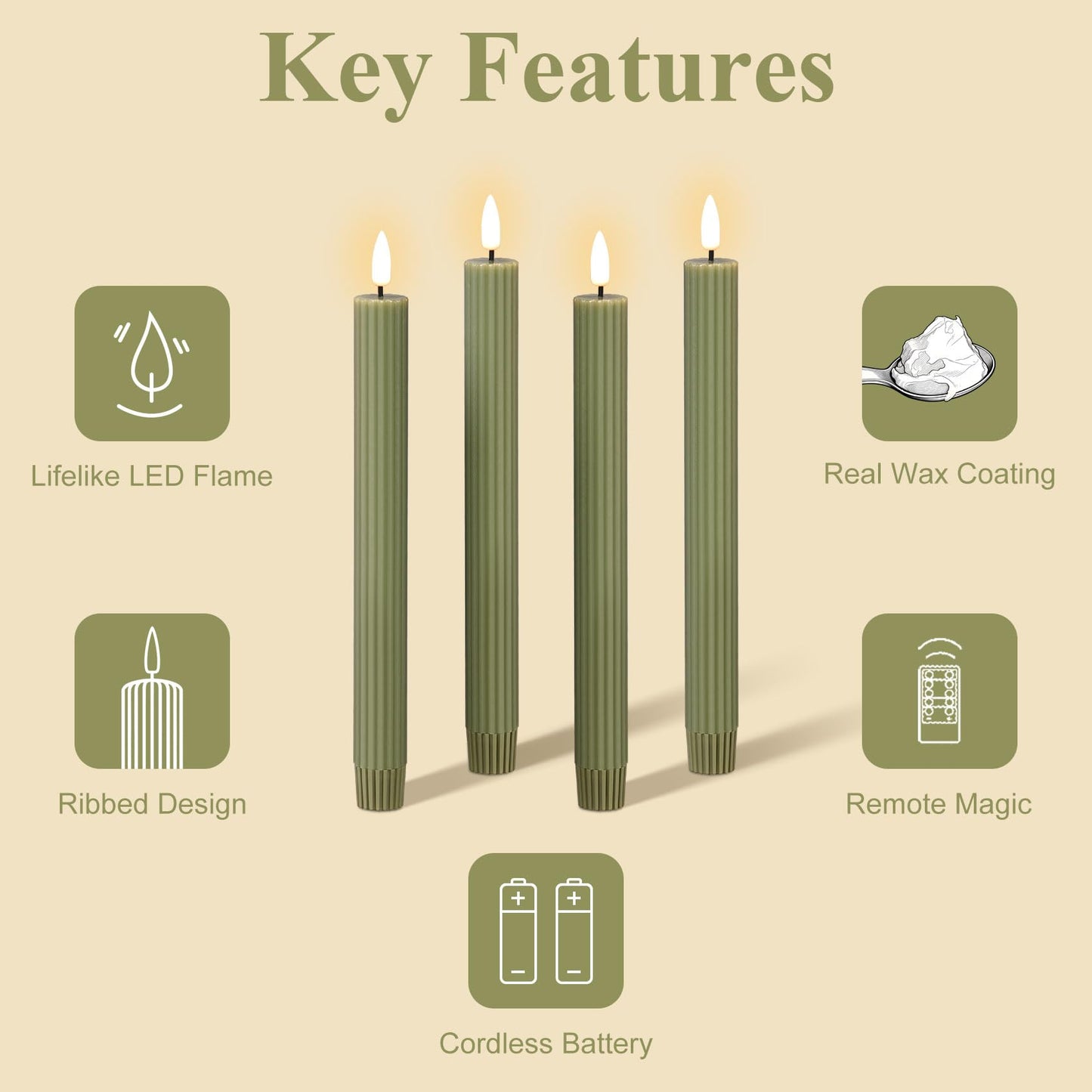 Girimax Olive Green Ribbed Fluted Flameless Taper Candles with Remote, Flickering Battery LED Wax Candlesticks Wedding Home Decor Set of 4