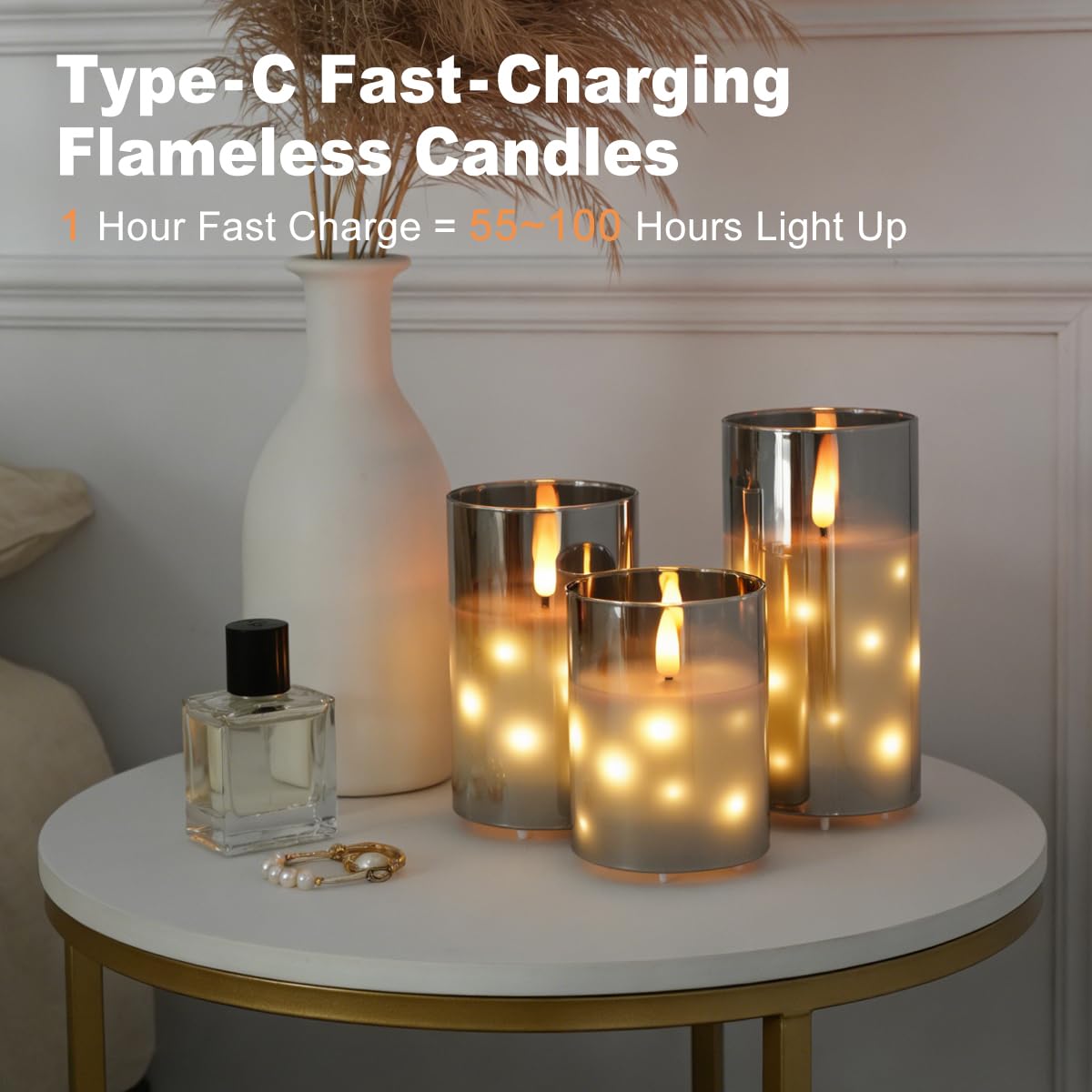 LEDHOLYT Rechargeable Glass LED Flameless Candles, Embedded Star String Flickering Flameless Candles for Romantic Ambiance and Home Decoration with Remote & Timer(Gray)