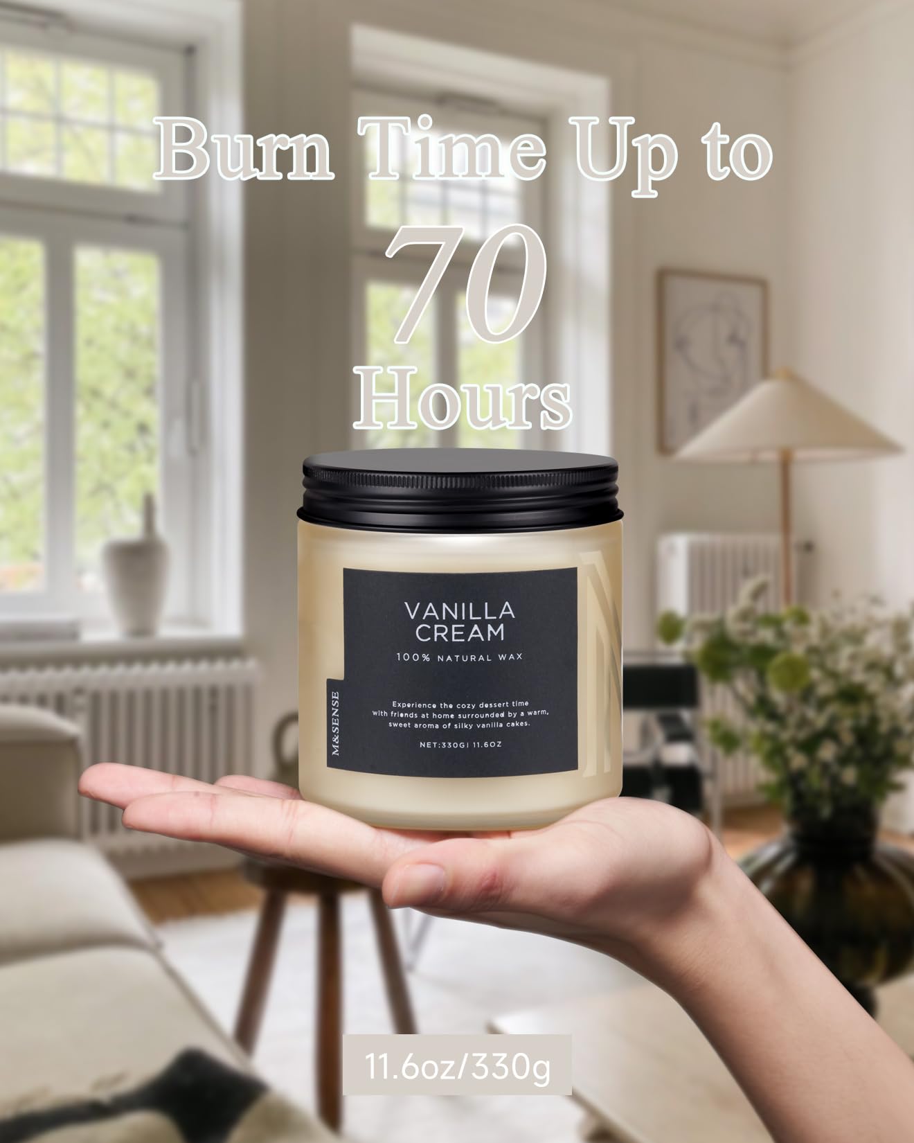M&SENSE Vanilla Scented Candles for Home, 11.6oz Natural Soy Wax, 70 Hours Long Lasting Clean Burn, Non Toxic Organic Candles, Aromatherapy Smelling for Spa Meditation Relaxation & Family