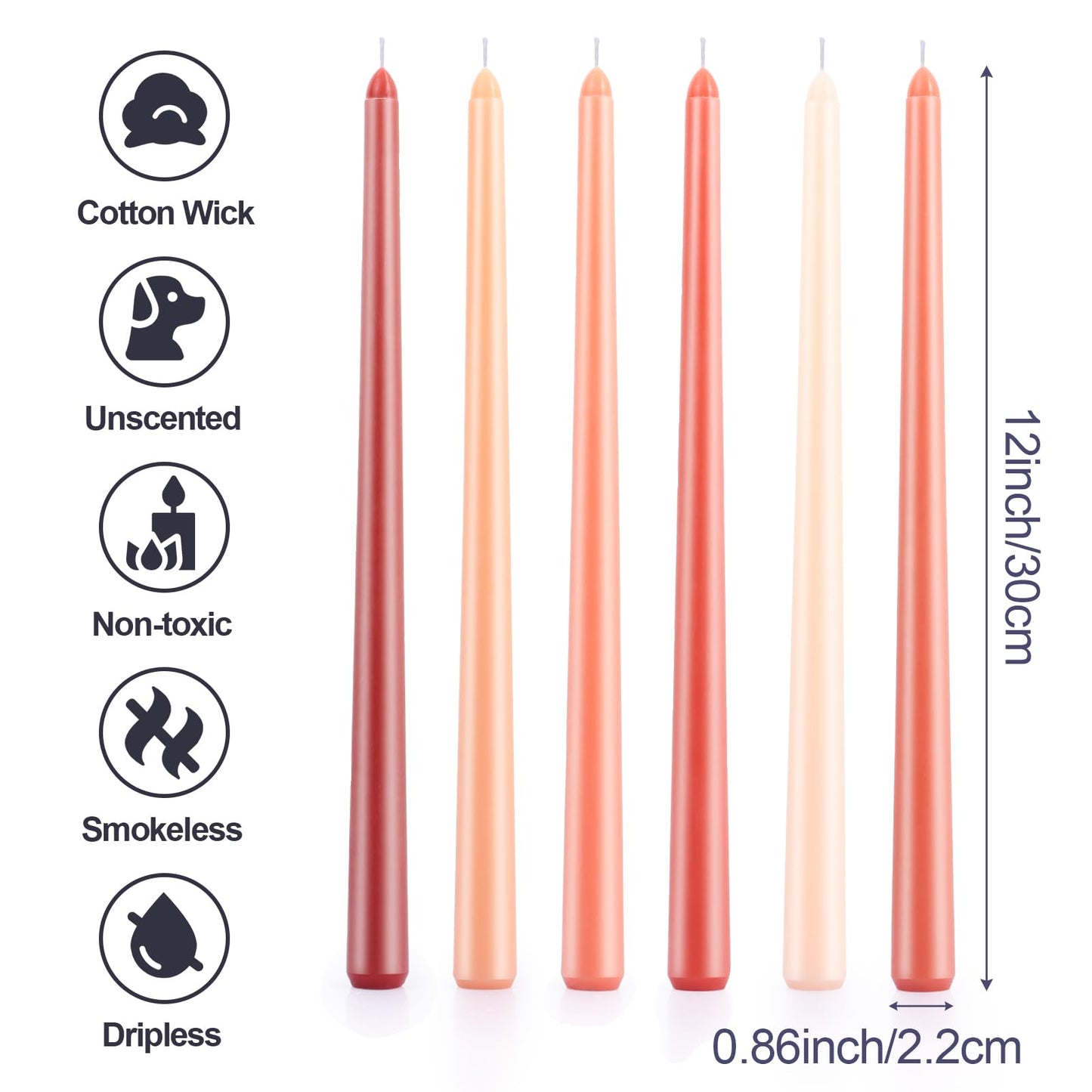 12 Inch Taper Candles Set of 6 Unscented Long Burning Smokeless Long Tall Tapered Candles for Candlesticks Sticks Wedding Home Christmas Decor Dinner