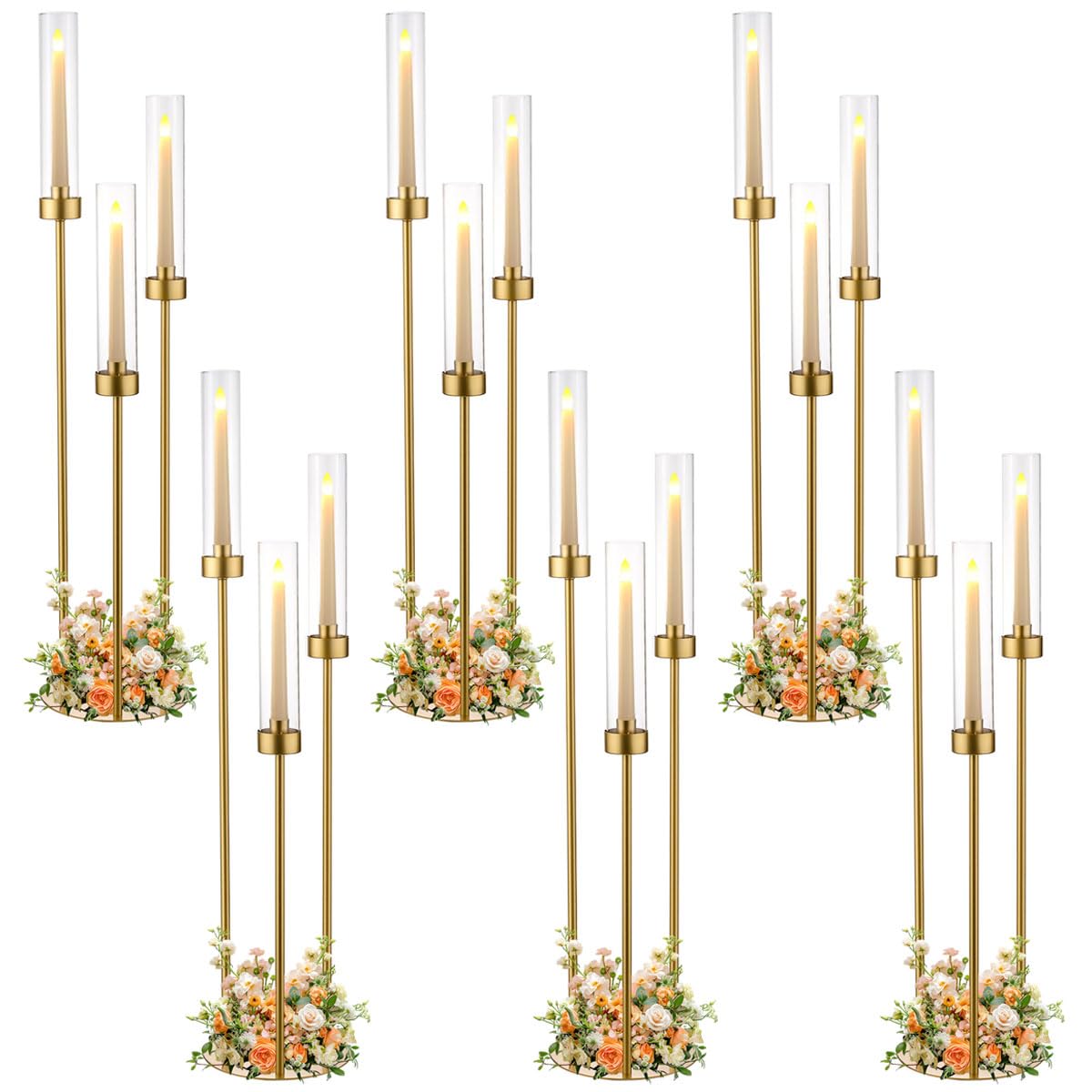 Vincidern 6pcs Candelabra 3 Arm, Wedding Centerpieces for Tables, 33.8'' Tall Candle Holder Gold Table Centerpieces for Wedding, Party, Event, with Acrylic Lampshade, Fit LED Taper Candles