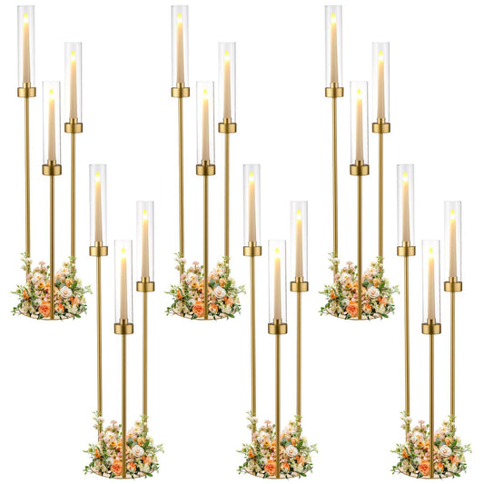 Vincidern 6pcs Candelabra 3 Arm, Wedding Centerpieces for Tables, 33.8'' Tall Candle Holder Gold Table Centerpieces for Wedding, Party, Event, with Acrylic Lampshade, Fit LED Taper Candles