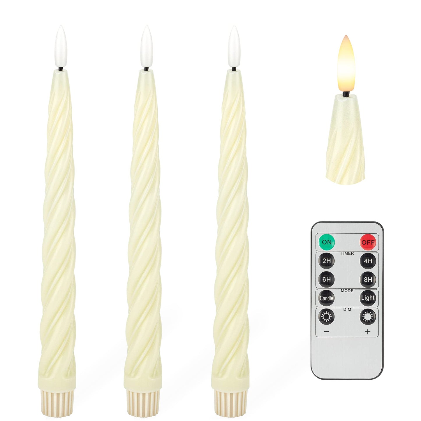 AFINETH Flameless Taper Candles with 3D Wick, 9.6" Real Wax LED Candles with Remote and Timer, 3 Pack Flickering Candlesticks Battery Operated, Spiral Taper Candle for Home, Wedding, Party, Ivory