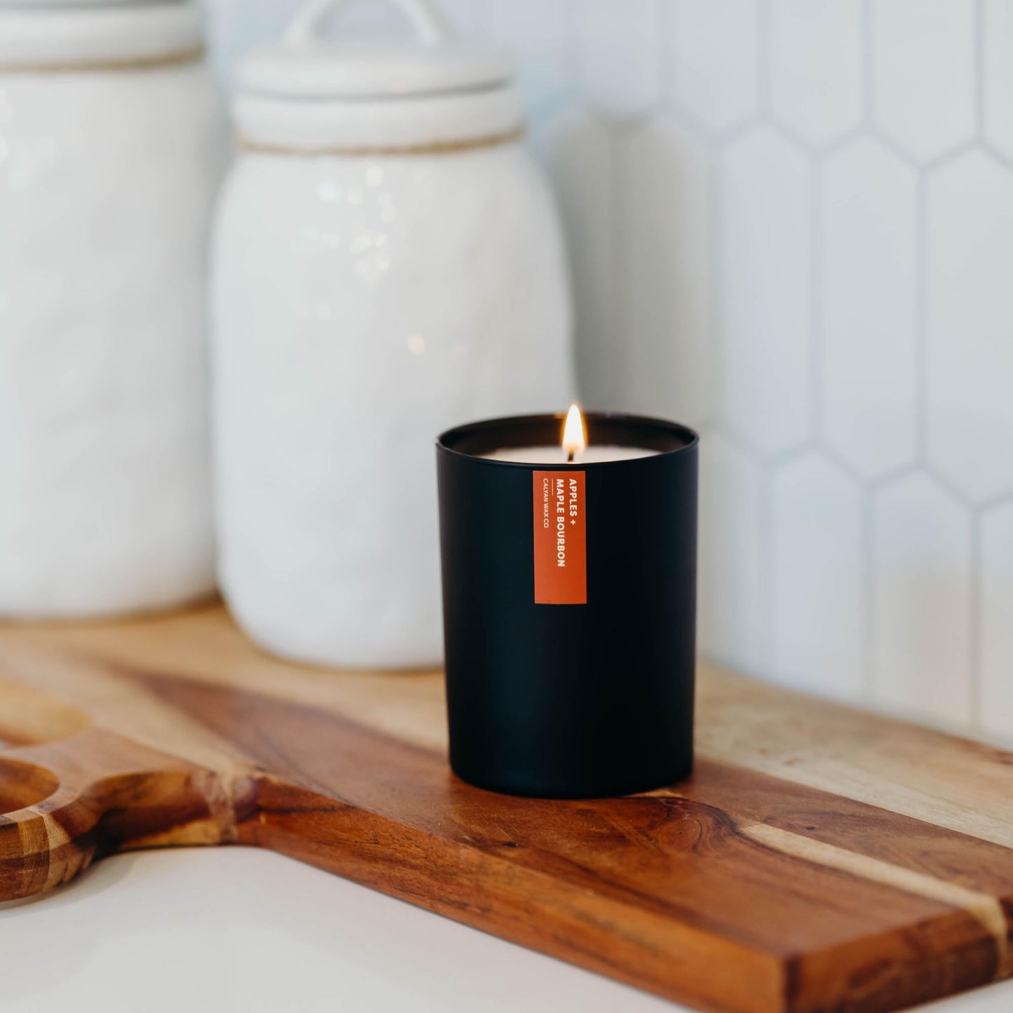 Calyan Wax Co. Apples & Maple Bourbon Scented Candle - 75 Hour Burn - Luxury Clean Soy Wax Candles - Long Lasting Black Tumbler Jar Candle for Home - 10.2oz