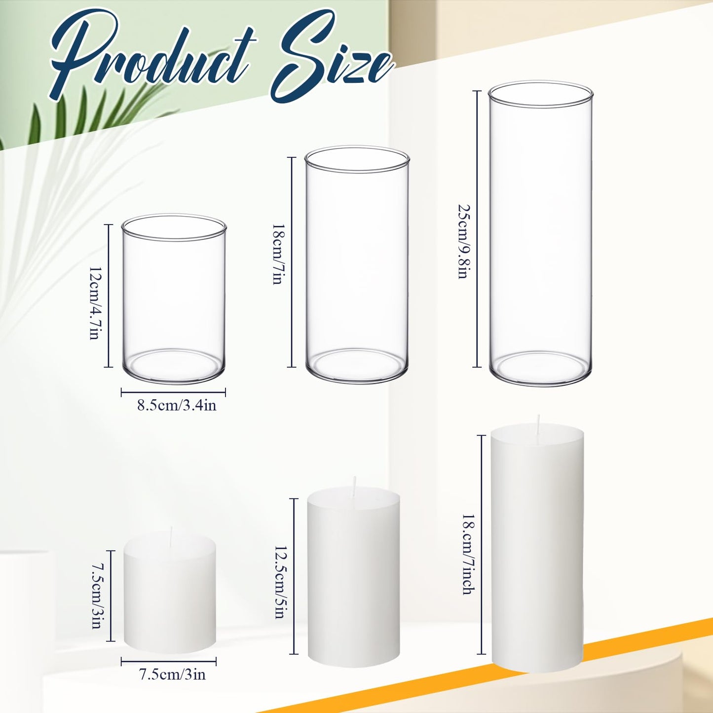 Shihanee Set of 3 Pillar Candles and 3 Glass Cylinder Candle Vases Holders Clear Pillar Jars for Wedding Centerpieces(3'' x 5.9'', 7.9'', 9.8'',White)