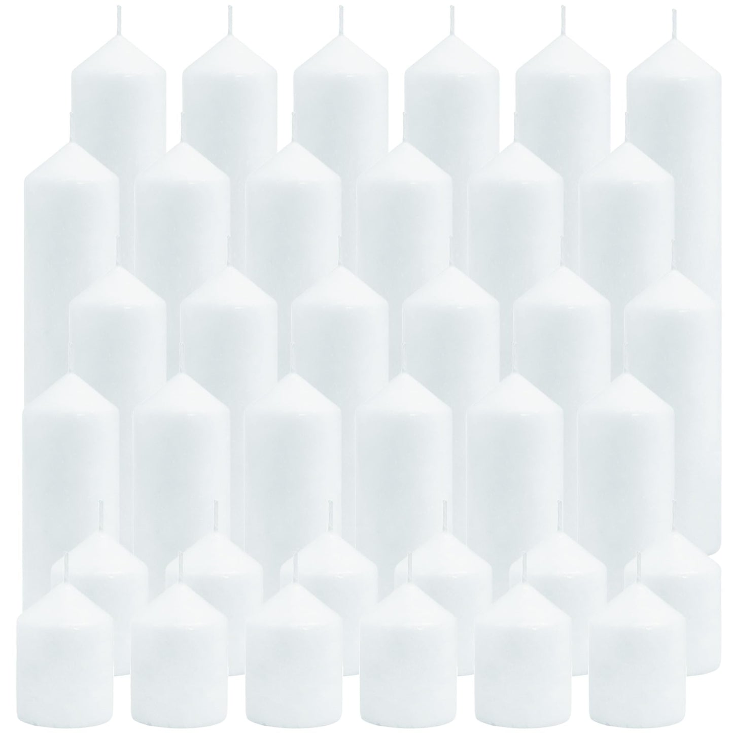 HTTBEIZI Pillar Candles Bulk Set - Unscented, Smokeless, Dripless | 3 Sizes: 2x3, 2x6, 2x8 Inches | Ideal for Weddings, Christmas & Home Decor (36, White)