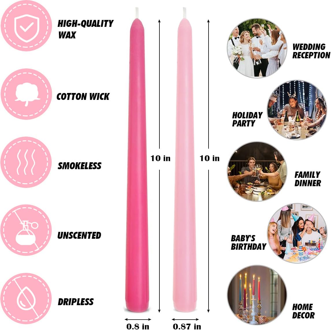 6-Pack Hot Pink and 6-Pack Pink Taper Candles, 10 Inch Unscented Dripless Candlesticks, Long-Lasting Burn Time of 7-8 Hours, Perfect for Home Décor Wedding Dinner