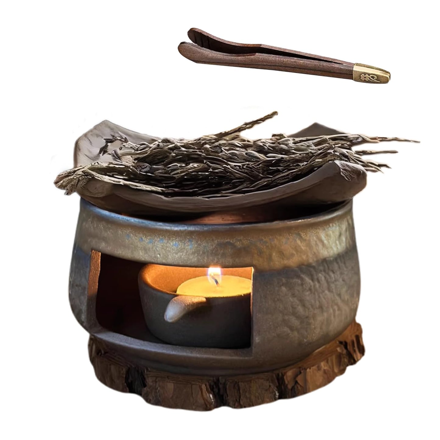 Candle Warmer Lamp, Ceramic Aromatherapy Diffuser, Wax Warmer for Scented Wax, Includes Wooden Clips and Pads & Pine Wood Base for Meditation, Yoga, Home & Office Décor