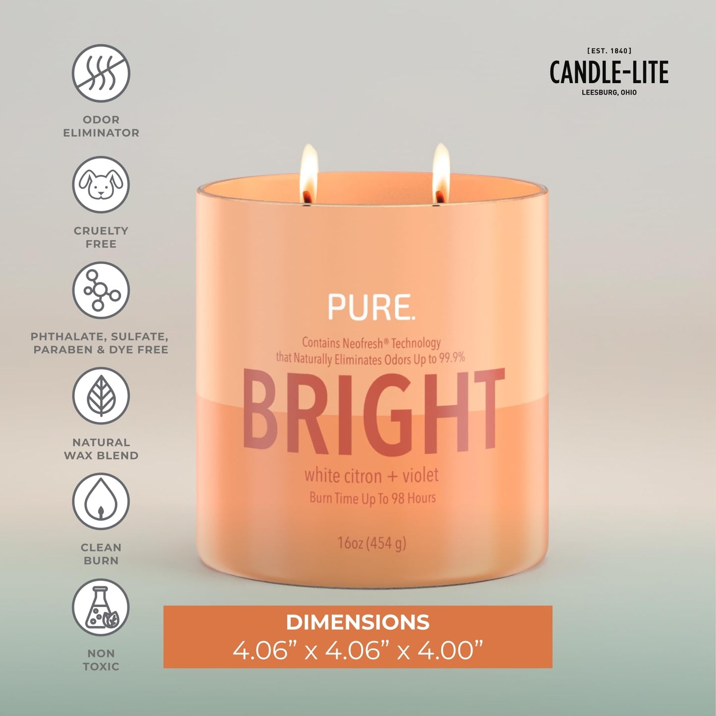Candle-Lite Pure White Citron & Violet Odor Eliminating Scented Candles, Neofresh Technology Eliminates 99.9% of Odors, 16 oz 2-Wick Jar, Proudly Poured in The USA, Up to 60 Hours Burn Time
