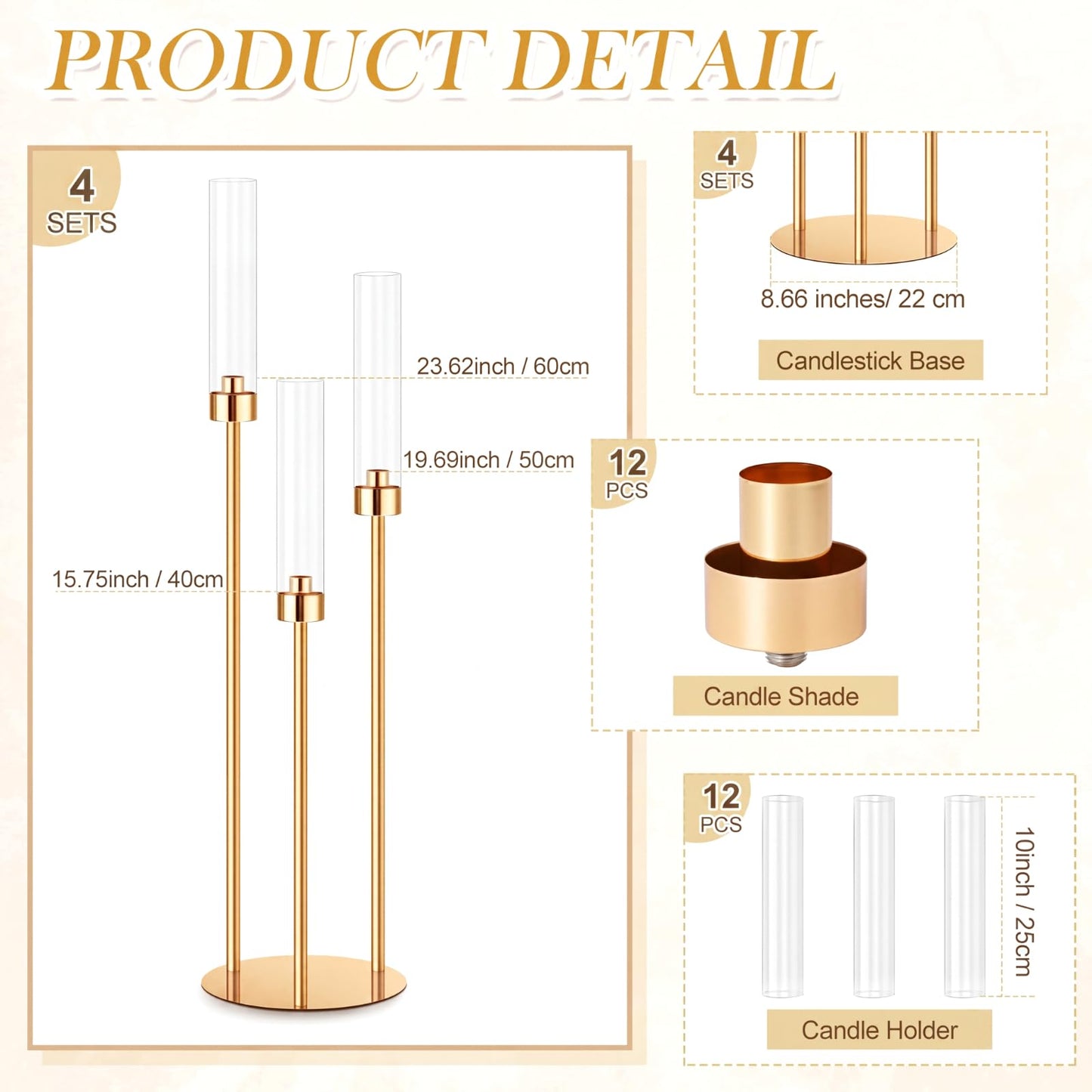 Suclain 4 Set 3 Arm Candelabra Centerpiece 33.8 Inch Candle Holder Gold Candelabra Metal Floor Pillar Candlesticks for Tables Wedding Home Party Decoration