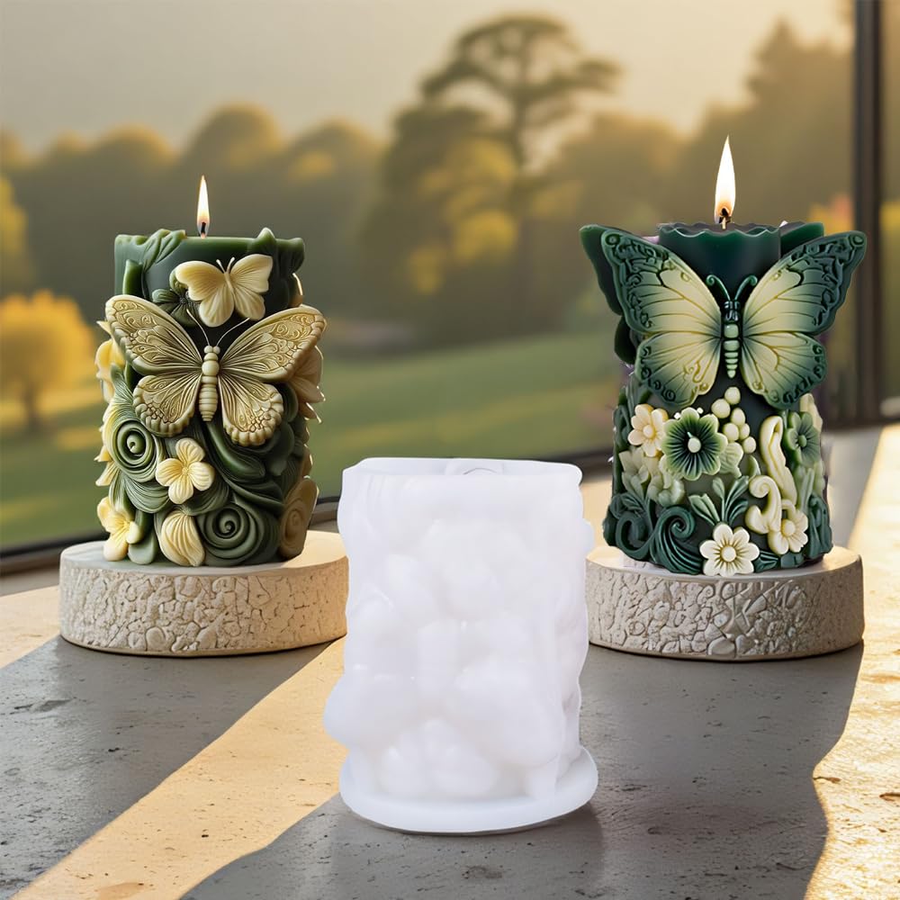Butterfly Cylinder Candle Molds for Candle Making,3Pcs Pillar Casting Silicone Molds for Resin Casting, Soap, Home Room Decor Craft Supplies