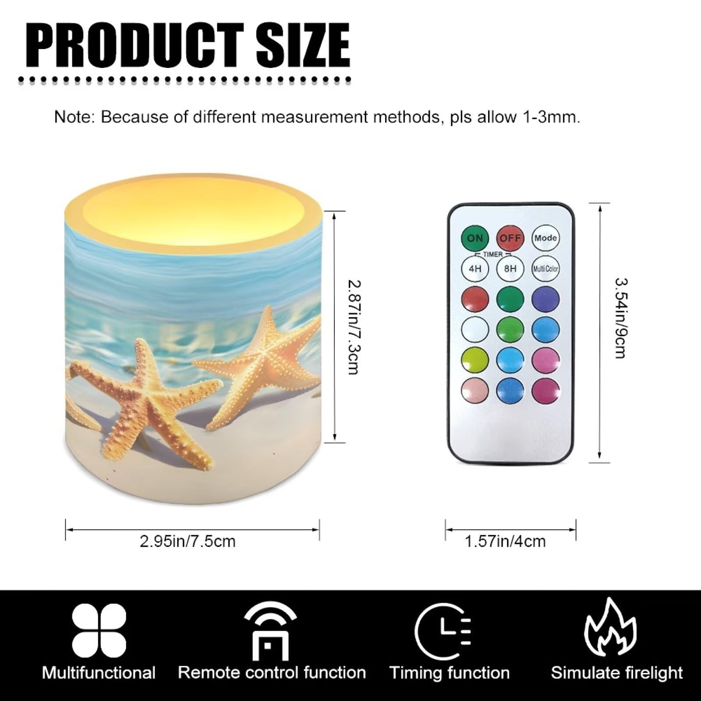 NETILGEN Flameless Candles Set of 4 Blue Beach Starfish Print Home Party Decor Realistic Flickering Flameless Candles with Timer Remote Control Battery Powered LED Candles