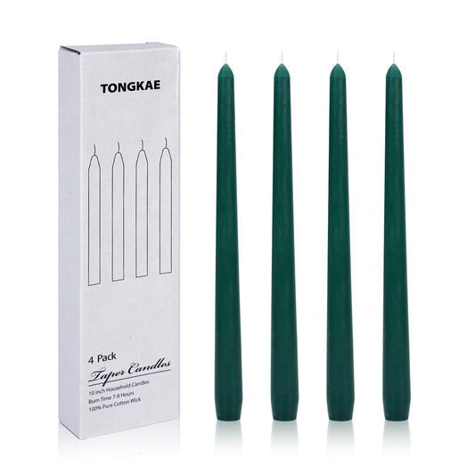 Tongkae Taper Green Candles, 4 Pack, 10 Inches Long, Unscented, Smokeless, Dripless, Cotton Wick, 7-8 Hours Burn Time, for Dinners, Christmas, Weddings, Parties, Holidays, Religious Events, Home Decor
