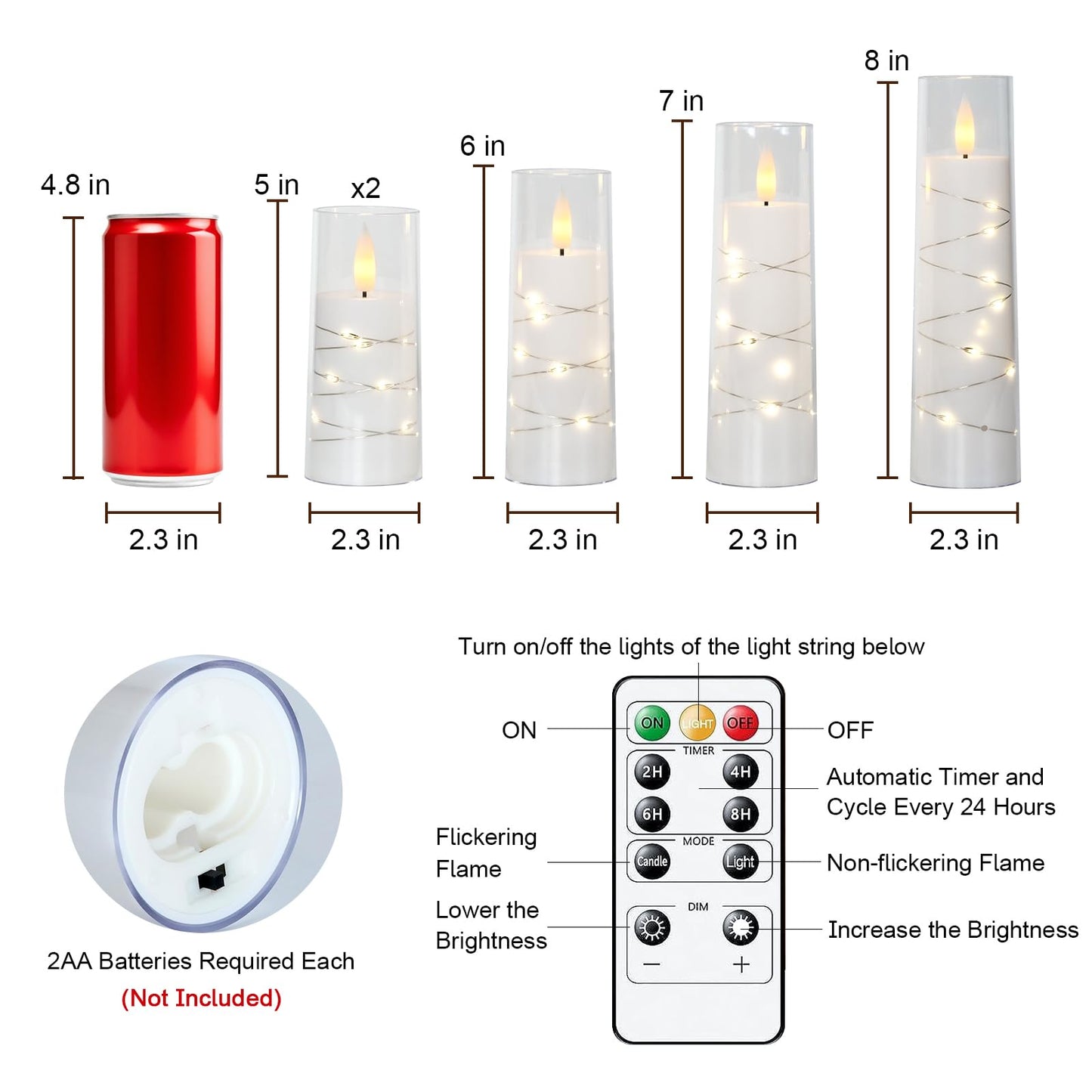 Raycare Flameless Candle with Remote Timer – 5 Flickering Acrylic Battery Operated LED Pillar Candles with Embedded Star String for Christmas, Wedding, Home Decor, and as a Gift(White)