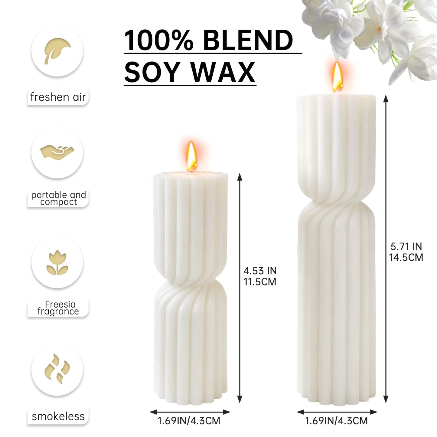 Set of 2 Ribbed Pillar Candles Handmade Soy Wax Scented Ribbed Candles,Hourglass Pillar Candle,Wax Elegant Bubble Natural Aesthetic Candle Housewarming Gift Home Room Shelf Decor Idea(White)