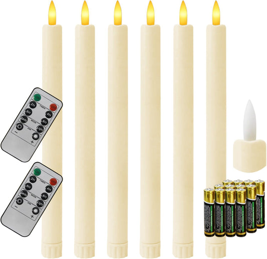 Sunjas 6PCS Flameless Taper Candles with 3D Flickering Flame Battery Operated Candles with 2 Remote with Button Cell Battery 10" Ivory LED Candlesticks Window Candle for Christmas Home Decor