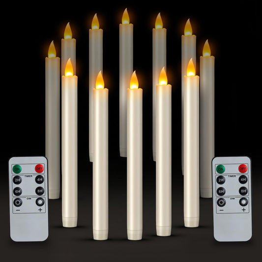 wemarry 10" Flameless Taper Candles with Remote, Electric Led Candlesticks, Plastic Tall Taper Candles Battery Operated with Flickering Flame for Halloween Christmas Wedding Home Décor(Ivory, 12 Pack)