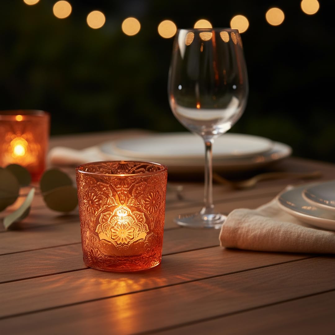 12 Pack Mandala Embossed Glass Candle Holders – Votive Tealight Holders with Patent Design, Decorative Embossed Glass Cups for Wedding Centerpieces, Parties, and Home Décor (Pumpkin Spice)