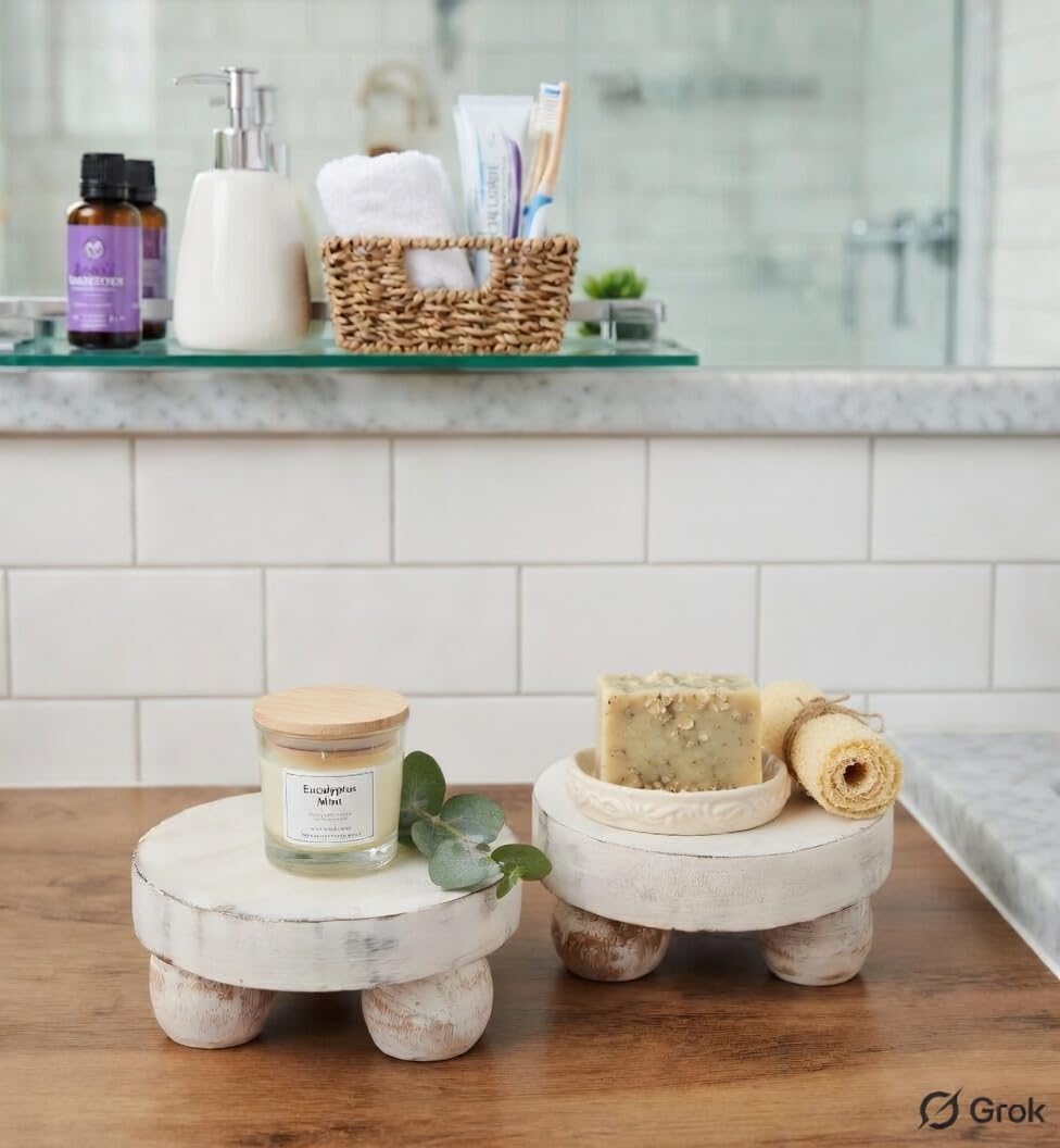Eximious India Housewarming Gifts Set of 2 Wood Display Stand Home Decor Display Risers Round Pedestal Bathroom Accessory Holder Plant Holder Table Top Kitchen Multi Purpose Organiser Set