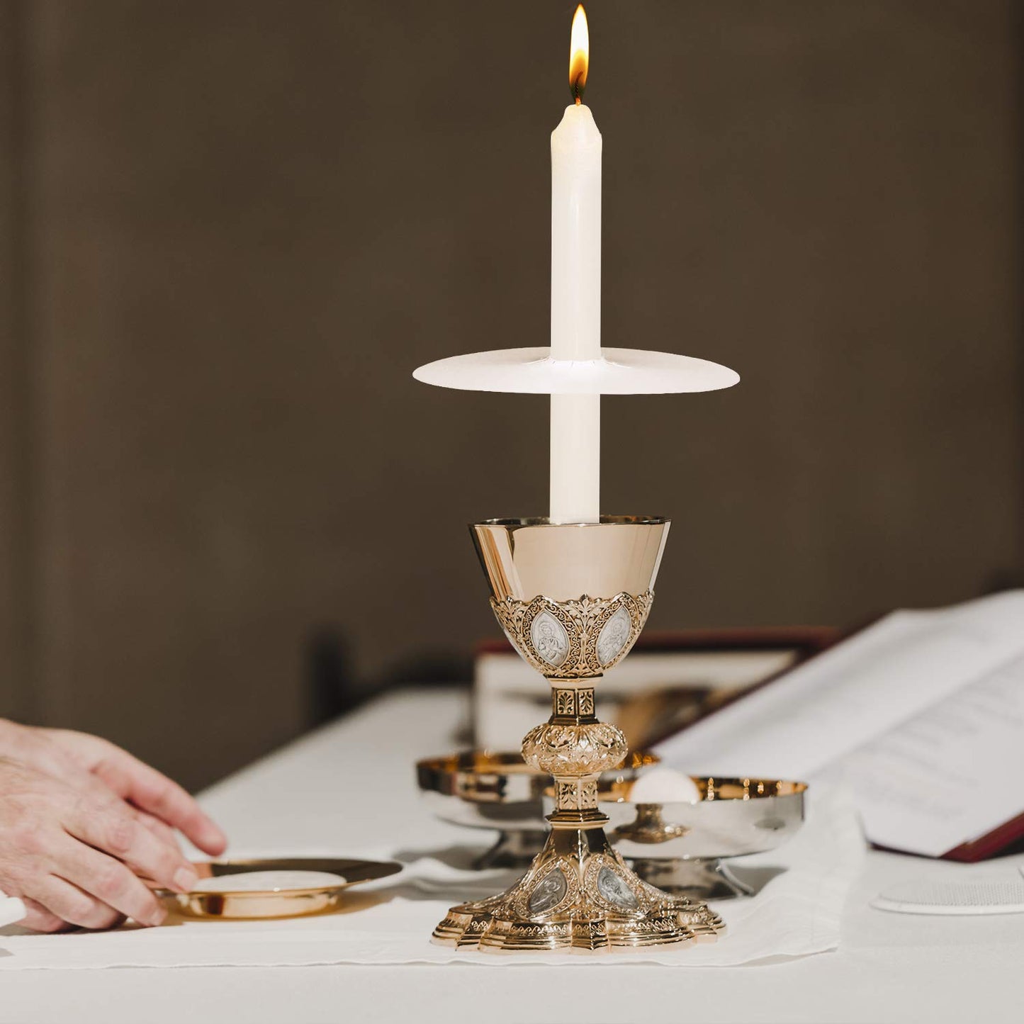 20 Pack Church Candles with Drip Protectors for Devotional Candlelight Vigil Service, Box of 20 Candles, Unscented White 5" H X 1/2" D