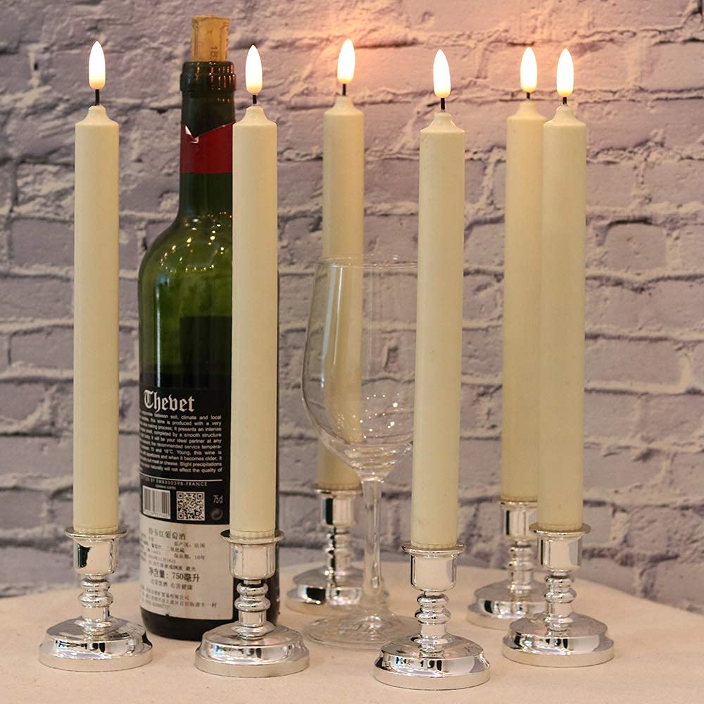 Wondise Flameless Window Candles with Remote & Timer, 10" Battery Operated 3D Wick LED Flickering Taper Candle for Christmas Decorations, Removable Silver Holder and Suction Cups Included(6 Pack)
