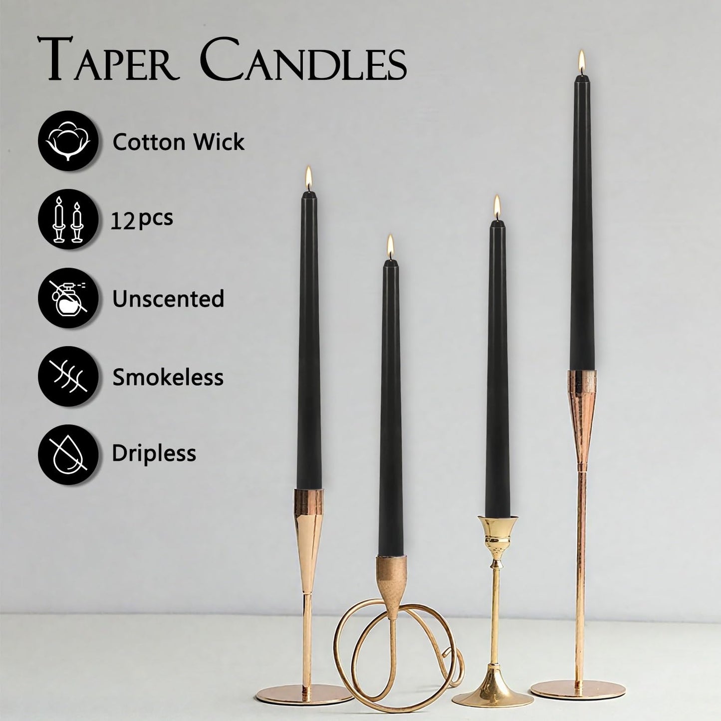 12Pack 10inch Black Taper Candle-Unscented and Smokeless-8hours Long Burning time,Dripless,Ideal for Halloween Taper Candles, Weddings, Dinner,Parties