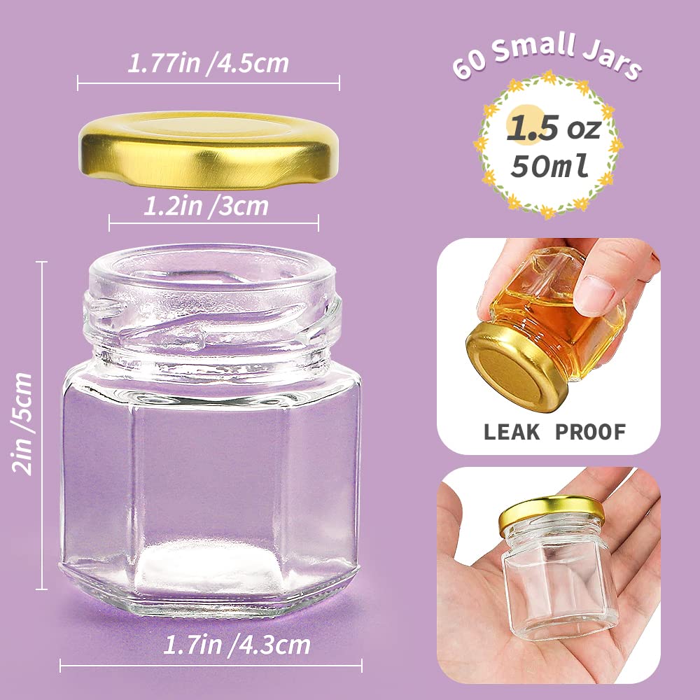Syntic 60 Pcs Small Glass Containers with Airtight Lids, 1.5 oz Mini Honey Jars for Wedding Favor, Baby Shower, Small Hexagon Candle Jars for Making Candles, Body Butter, Jam, Spices, Herbs, DIY Gift