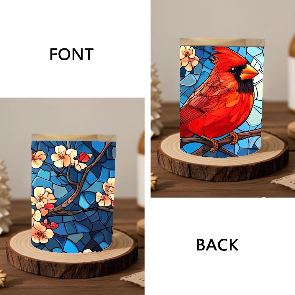 Cardinal Stained Glass Tea Light Holder for Home Decoration, Pink Flower Tealight Candle Holders with Bamboo Lid, Cardinal Bird Votive Candle Jar Memorial Glass Candlesticks - 3.5"x2.8"
