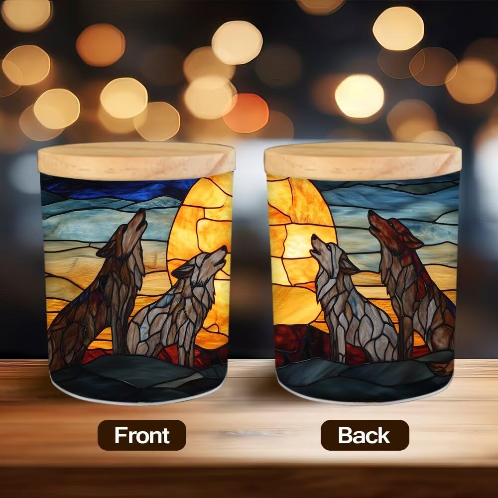 Stained Glass Wolf Howling at The Moon Tea Light Candle Holders, Tealight Candle Holder Jar with Wooden Lid, Votive Candlesticks for Table Centerpieces, Christmas,Birthday Party,Home Decor