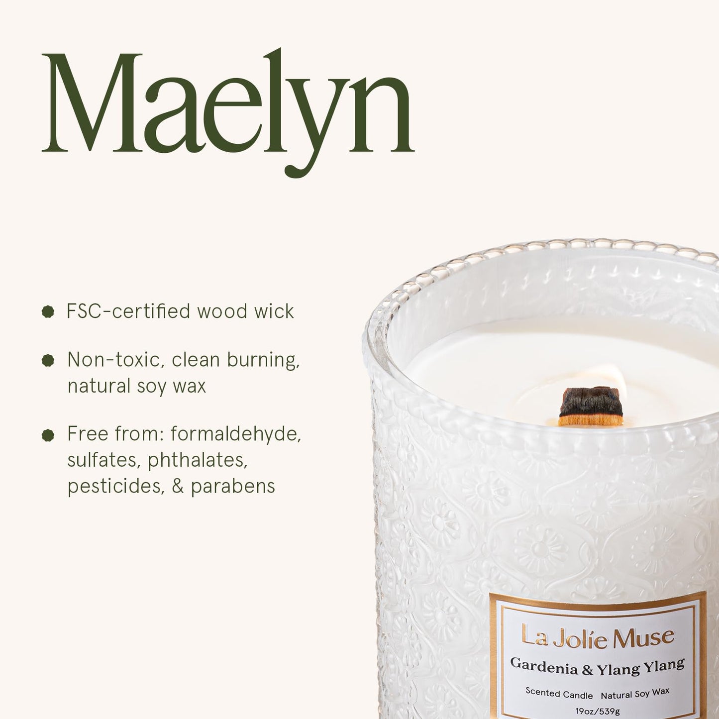 LA JOLIE MUSE Gardenia & Ylang Ylang Scented Candle for Home | 19 oz Non Toixc Natural Soy Floral Candle | Large Jar Candle for Women | Luxury Gifts for Mom | Wood Wick